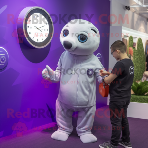 Purple Seal mascot costume character dressed with a Oxford Shirt and Smartwatches