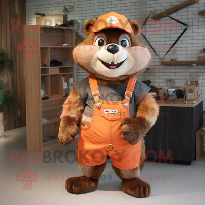 Peach Marmot mascot costume character dressed with a Dungarees and Bracelets