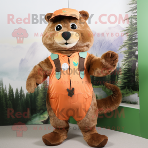 Peach Marmot mascot costume character dressed with a Dungarees and Bracelets