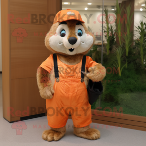 Peach Marmot mascot costume character dressed with a Dungarees and Bracelets