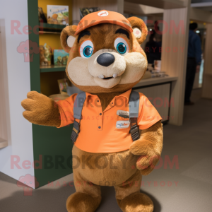 Peach Marmot mascot costume character dressed with a Dungarees and Bracelets