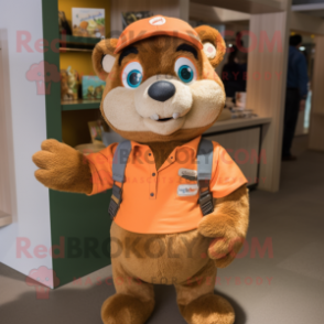 Peach Marmot mascot costume character dressed with a Dungarees and Bracelets
