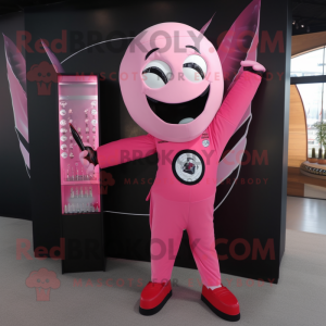 Pink Knife Thrower mascot costume character dressed with a Suit Jacket and Coin purses