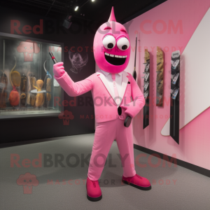 Pink Knife Thrower mascot costume character dressed with a Suit Jacket and Coin purses