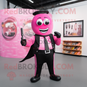 Pink Knife Thrower mascot costume character dressed with a Suit Jacket and Coin purses