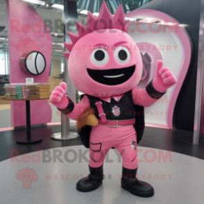 Pink Knife Thrower mascot costume character dressed with a Suit Jacket and Coin purses