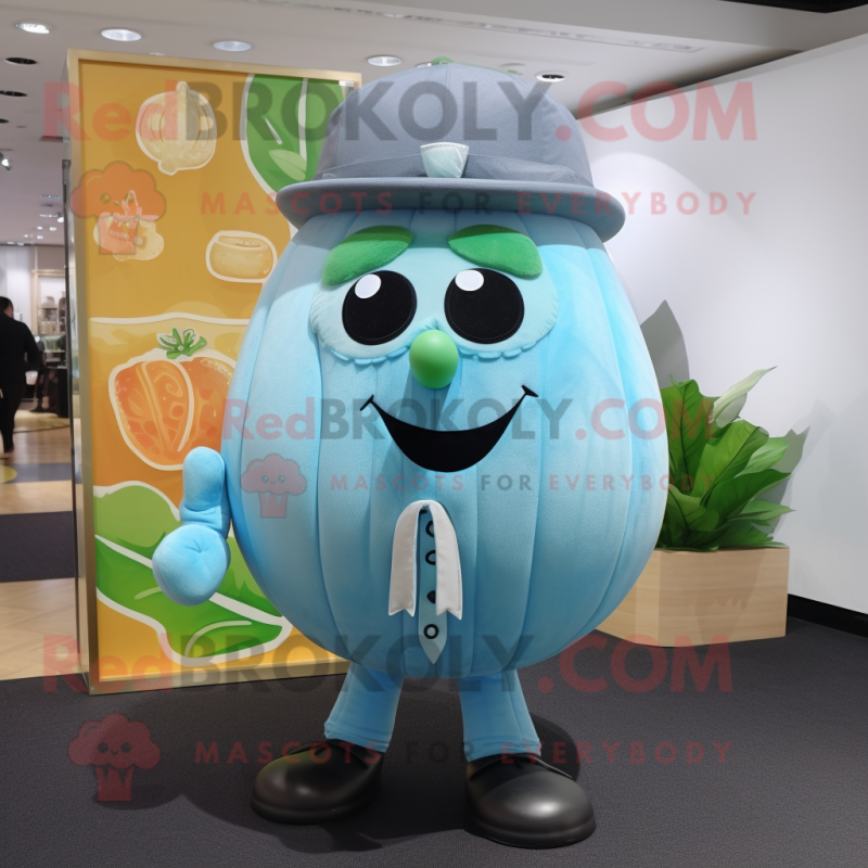 Sky Blue Melon mascot costume character dressed with a Oxford Shirt and Necklaces Sky Blue Melon mascot costume character dressed with a Oxford Shirt and Necklaces