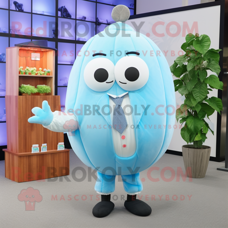 Sky Blue Melon mascot costume character dressed with a Oxford Shirt and Necklaces Sky Blue Melon mascot costume character dressed with a Oxford Shirt and Necklaces
