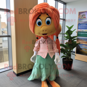 Peach Mermaid mascot costume character dressed with a Corduroy Pants and Tie pins