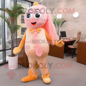 Peach Mermaid mascot costume character dressed with a Corduroy Pants and Tie pins