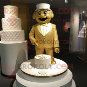 Gold Wedding Cake mascot costume character dressed with a Henley Tee and Cufflinks
