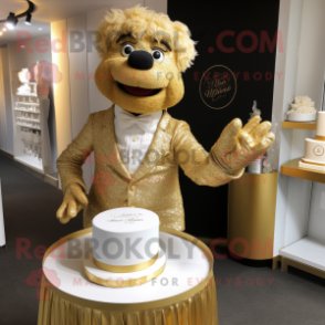 Gold Wedding Cake mascot costume character dressed with a Henley Tee and Cufflinks