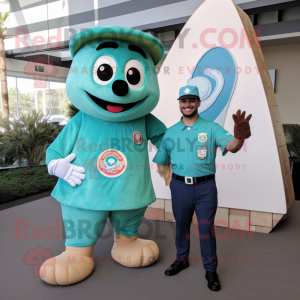 Teal Pizza Slice mascot costume character dressed with a Overalls and Watches