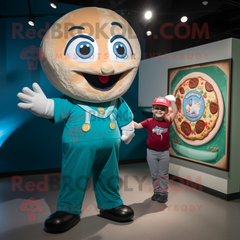 Teal Pizza Slice mascot costume character dressed with a Overalls and Watches Teal Pizza Slice mascot costume character dressed with a Overalls and Watches
