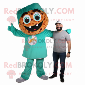 Teal Pizza Slice mascot costume character dressed with a Overalls and Watches