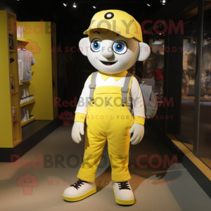 Lemon Yellow Mime mascot costume character dressed with a Overalls and Backpacks