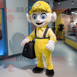 Lemon Yellow Mime mascot costume character dressed with a Overalls and Backpacks