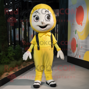 Lemon Yellow Mime mascot costume character dressed with a Overalls and Backpacks