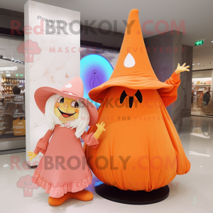 Peach Witch'S Hat mascot costume character dressed with a Dress and Wraps