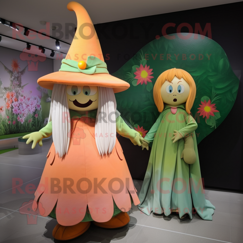 Peach Witch'S Hat mascot costume character dressed with a Dress and Wraps