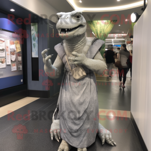 Silver Komodo Dragon mascot costume character dressed with a Ball Gown and Messenger bags
