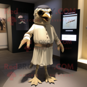 Beige Blackbird mascot costume character dressed with a Henley Tee and Digital watches