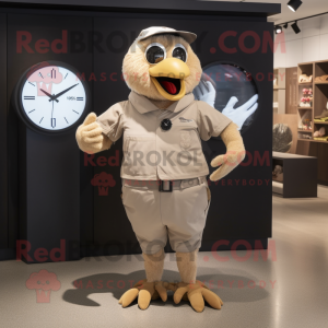 Beige Blackbird mascot costume character dressed with a Henley Tee and Digital watches