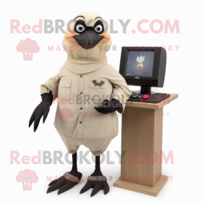 Beige Blackbird mascot costume character dressed with a Henley Tee and Digital watches