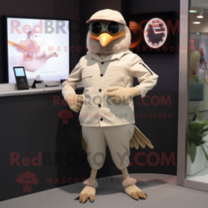 Beige Blackbird mascot costume character dressed with a Henley Tee and Digital watches
