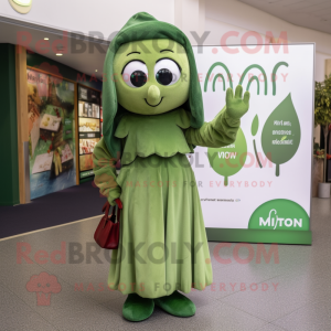 Olive Momentum mascot costume character dressed with a Midi Dress and Clutch bags