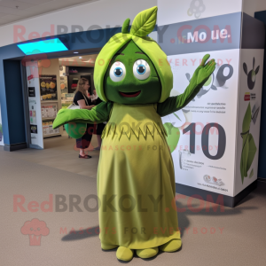 Olive Momentum mascot costume character dressed with a Midi Dress and Clutch bags