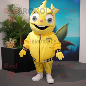 Lemon Yellow Tuna mascot costume character dressed with a Sweatshirt and Suspenders