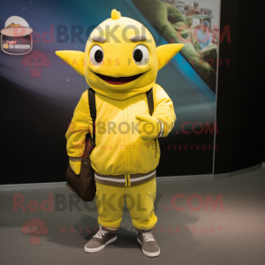 Lemon Yellow Tuna mascot costume character dressed with a Sweatshirt and Suspenders