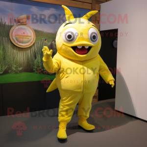 Lemon Yellow Tuna mascot costume character dressed with a Sweatshirt and Suspenders