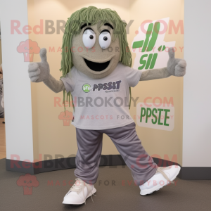 Gray Pesto Pasta mascot costume character dressed with a Joggers and Shoe clips