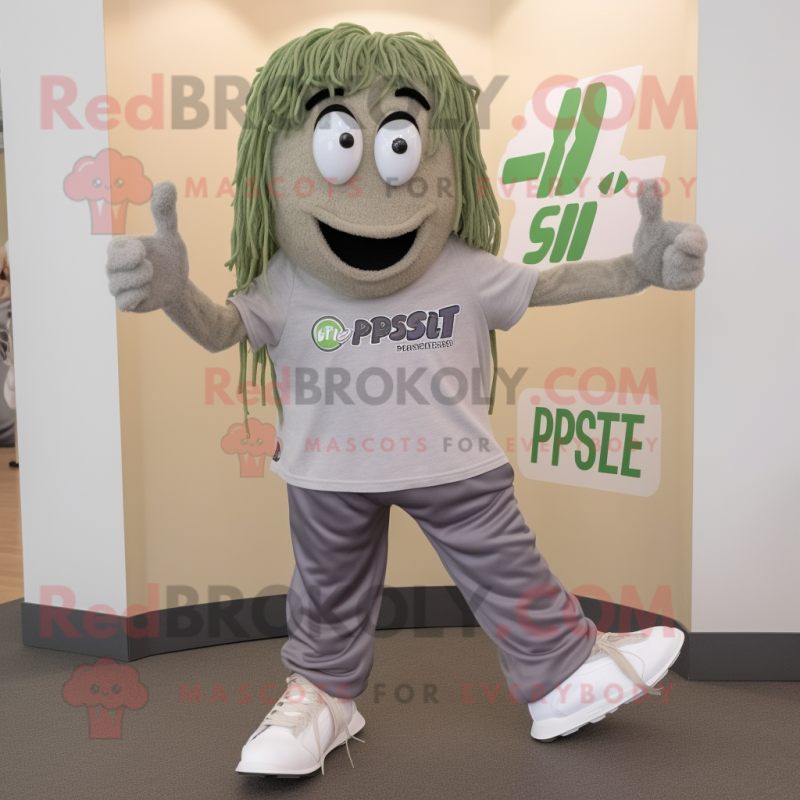 Gray Pesto Pasta mascot costume character dressed with a Joggers and Shoe clips Gray Pesto Pasta mascot costume character dressed with a Joggers and Shoe clips