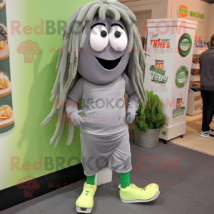 Gray Pesto Pasta mascot costume character dressed with a Joggers and Shoe clips