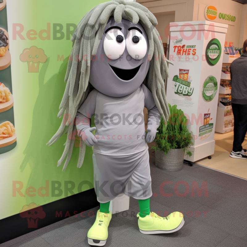 Gray Pesto Pasta mascot costume character dressed with a Joggers and Shoe clips