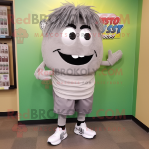 Gray Pesto Pasta mascot costume character dressed with a Joggers and Shoe clips