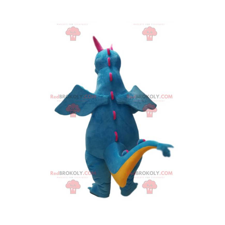 Mascotte de dragon bleu et jaune très souriant. Costume de Mascotte de dragon bleu et jaune très souriant. Costume de