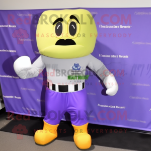 Lavender Boxing Glove mascot costume character dressed with a Capri Pants and Shoe clips
