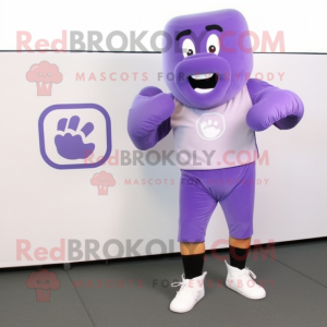 Lavender Boxing Glove mascot costume character dressed with a Capri Pants and Shoe clips