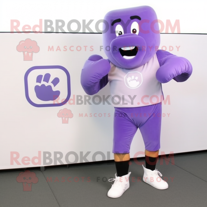 Lavender Boxing Glove mascot costume character dressed with a Capri Pants and Shoe clips