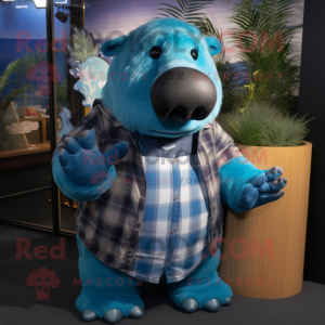 Blue Stellar'S Sea Cow mascot costume character dressed with a Flannel Shirt and Bracelets