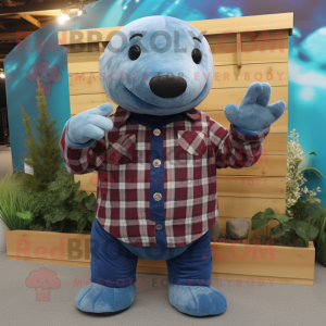 Blue Stellar'S Sea Cow mascot costume character dressed with a Flannel Shirt and Bracelets