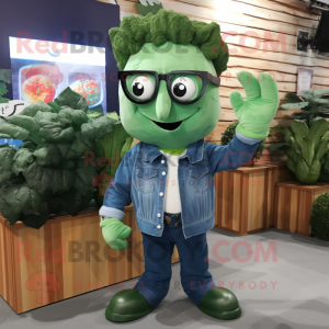 Green Broccoli mascot costume character dressed with a Chambray Shirt and Eyeglasses