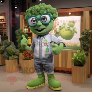 Green Broccoli mascot costume character dressed with a Chambray Shirt and Eyeglasses