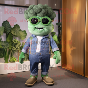 Green Broccoli mascot costume character dressed with a Chambray Shirt and Eyeglasses