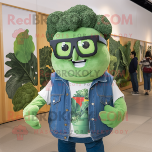 Green Broccoli mascot costume character dressed with a Chambray Shirt and Eyeglasses