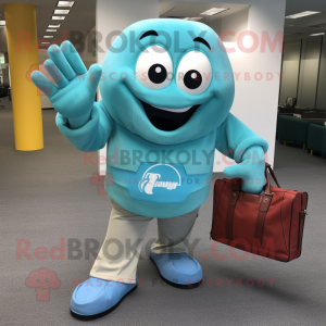 Cyan Baseball Glove mascot costume character dressed with a T-Shirt and Briefcases